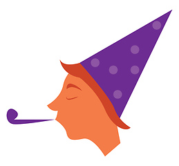 Image showing A man wearing party hat is blowing a blue party horn vector colo