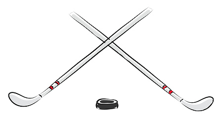 Image showing Vector illustration of two white hockey sticks and black puck wh