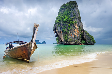 Image showing Long tail boat on Phra Nang Beach, Krabi, Thailand