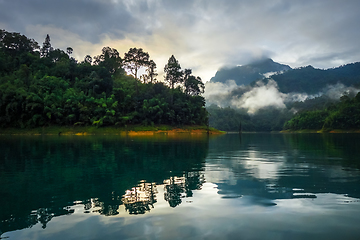 Image showing Sunrise on Cheow Lan Lake, Khao Sok National Park, Thailand