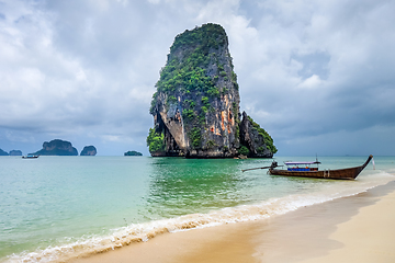 Image showing Long tail boat on Phra Nang Beach, Krabi, Thailand