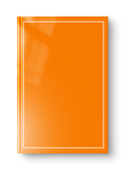 Image showing Closed orange blank book with frame isolated on white