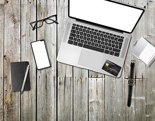 Image showing Wooden office desk mockup top view