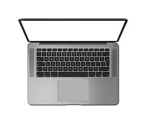 Image showing Open laptop top view with blank screen, isolated on white. Dark 