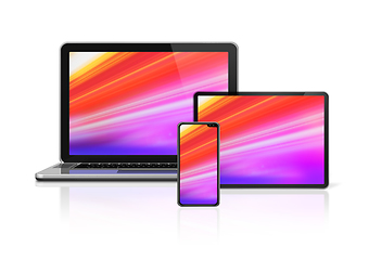 Image showing Laptop, tablet and phone set mockup isolated on white. 3D render