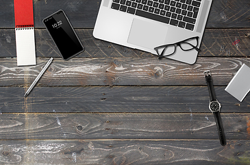 Image showing Wooden office desk mockup top view