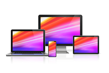 Image showing Computers and phone set mockup isolated on white. 3D render