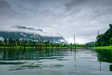 Image showing Misty morning on Cheow Lan Lake, Khao Sok National Park, Thailan