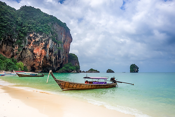 Image showing Long tail boat on Phra Nang Beach, Krabi, Thailand