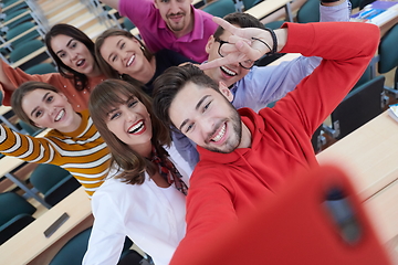 Image showing Group of multiethnic teenagers taking a selfie in school