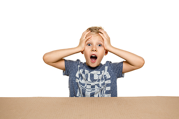 Image showing Cute little boy opening the biggest postal package