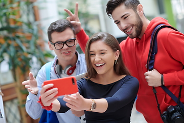 Image showing Group of multiethnic teenagers taking a selfie in school