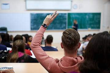 Image showing The student raises his hands asking a question in class in college