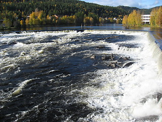 Image showing White water in front of a forest and a building