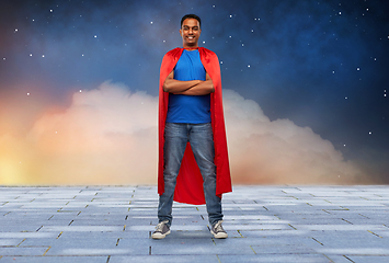 Image showing happy smiling indian man in red superhero cape