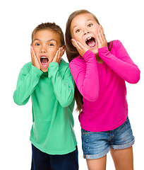 Image showing Little girl and boy are holding their faces