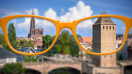 Image showing orange glasses sharp and blurred Strasbourg scenery