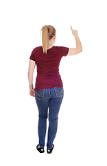 Image showing Woman standing from back with finger up