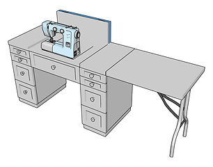 Image showing 3D vector illustration of a sewing machine on a working table wh