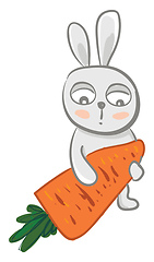 Image showing Cute baby hare holds a big carrot and expresses sadness vector c