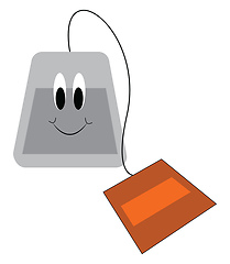 Image showing Cartoon of a smiling teabag with orange label vector illustratio