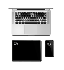 Image showing Laptop, tablet and phone set mockup isolated on white. 3D render