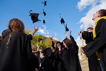 Image showing Group of diverse international graduating students celebrating