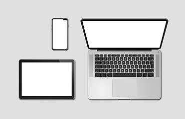 Image showing Laptop, tablet and phone set mockup isolated on grey. 3D render