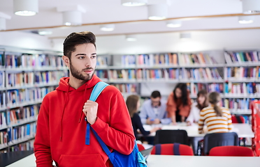 Image showing the student uses a laptop and a school library