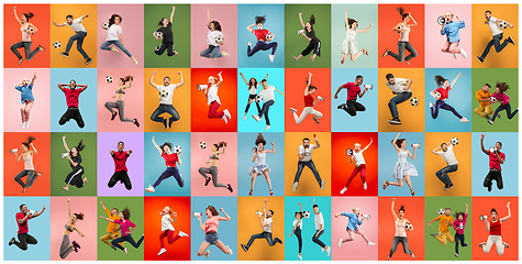 Image showing Men and women jumping on multicolored background