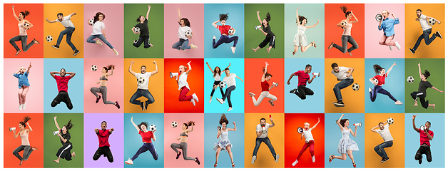 Image showing Men and women jumping on multicolored background