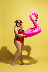 Image showing Young caucasian plus size female model\'s preparing for beach resort