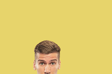 Image showing Caucasian young man\'s close up shot on yellow background