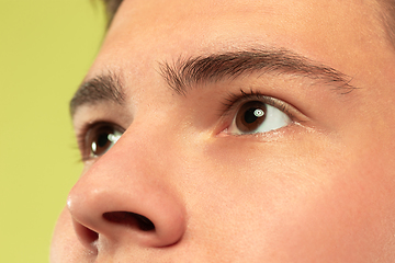 Image showing Caucasian young man\'s close up shot on green background