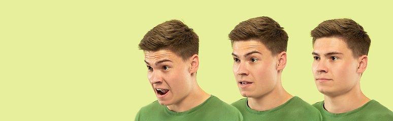 Image showing Caucasian young man\'s close up shot on green background