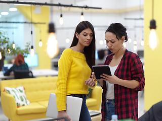 Image showing female friends discussion about project at moder coworking office