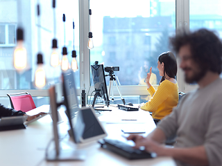 Image showing business woman have online meeting in modern open space coworking office