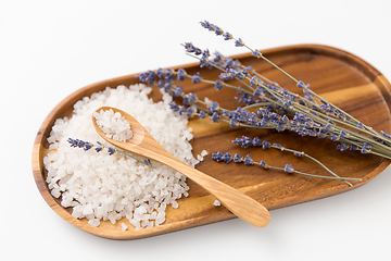 Image showing sea salt heap, lavender and spoon on wooden tray