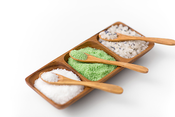 Image showing sea salt and spoons on wooden tray