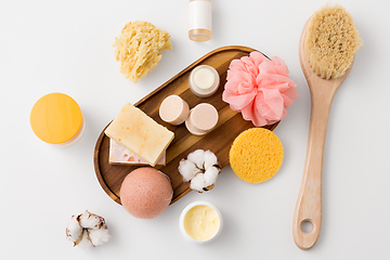 Image showing crafted soap, sponges, brush and natural cosmetics