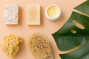 Image showing natural soap, brush, sponge and body butter