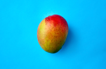 Image showing close up of ripe mango on blue background