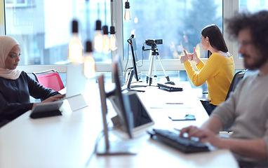 Image showing business woman have online meeting in modern open space coworking office