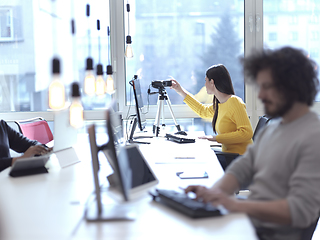 Image showing business woman have online meeting in modern open space coworking office