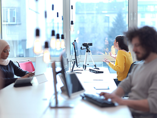 Image showing business woman have online meeting in modern open space coworking office