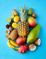 Image showing many different exotic fruits on blue background