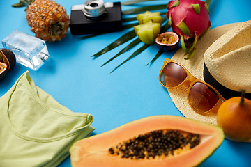 Image showing sunglasses, hat, camera, fruits and clothes