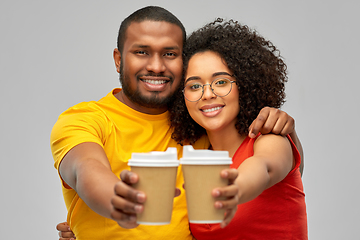 Image showing happy african american couple with coffee cups