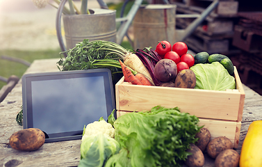 Image showing close up of vegetables with tablet pc on farm