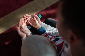 Image showing muslim prayer father and son in mosque prayingtogether